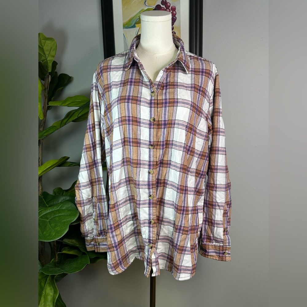 Jachs Girlfriend Women's Tan Plaid Pockets Collared Button Up Flannel Shirt XL